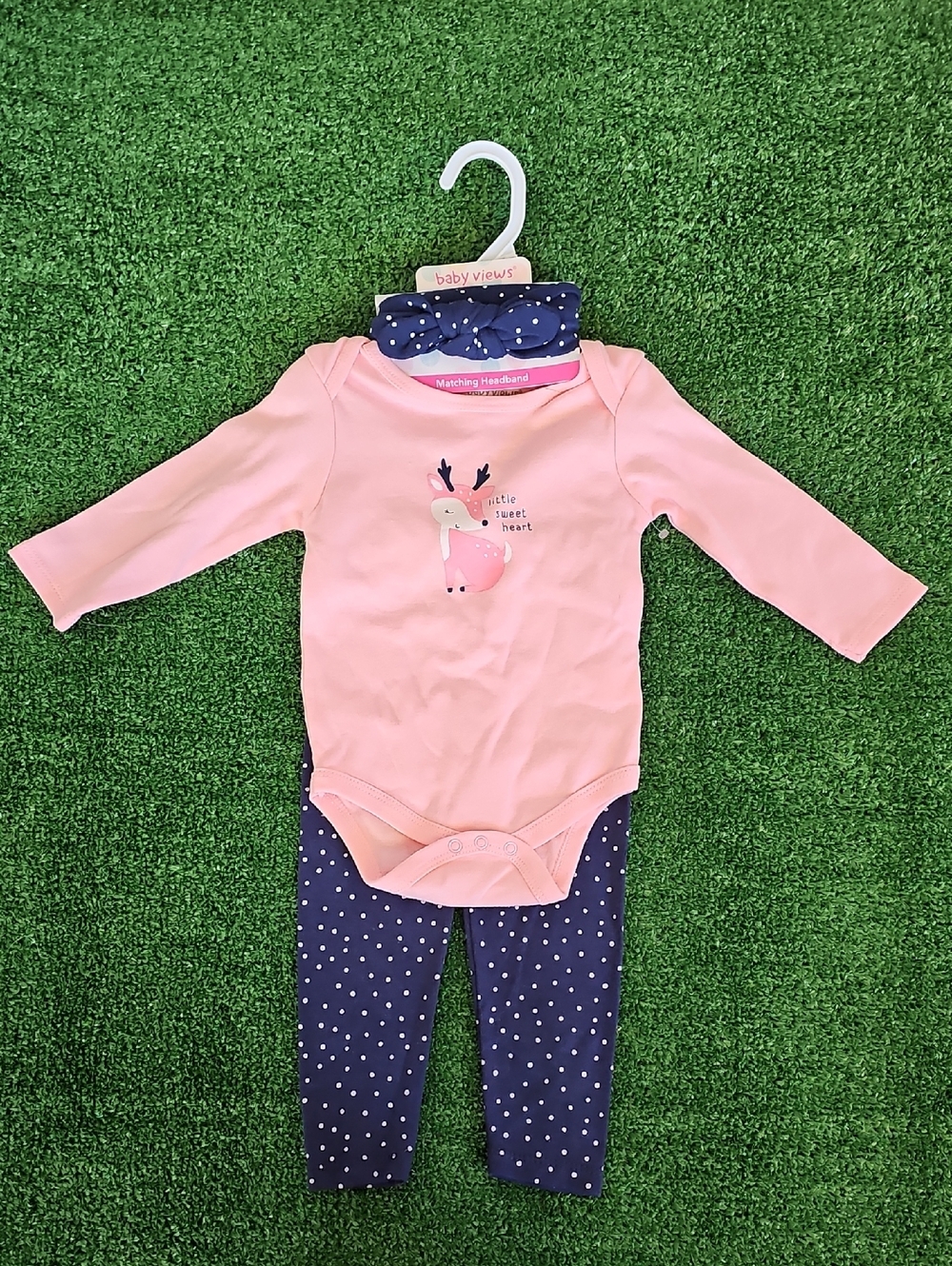 Baby Pink Deer Bodysuit with Navy Polka Dot Pants & Headband